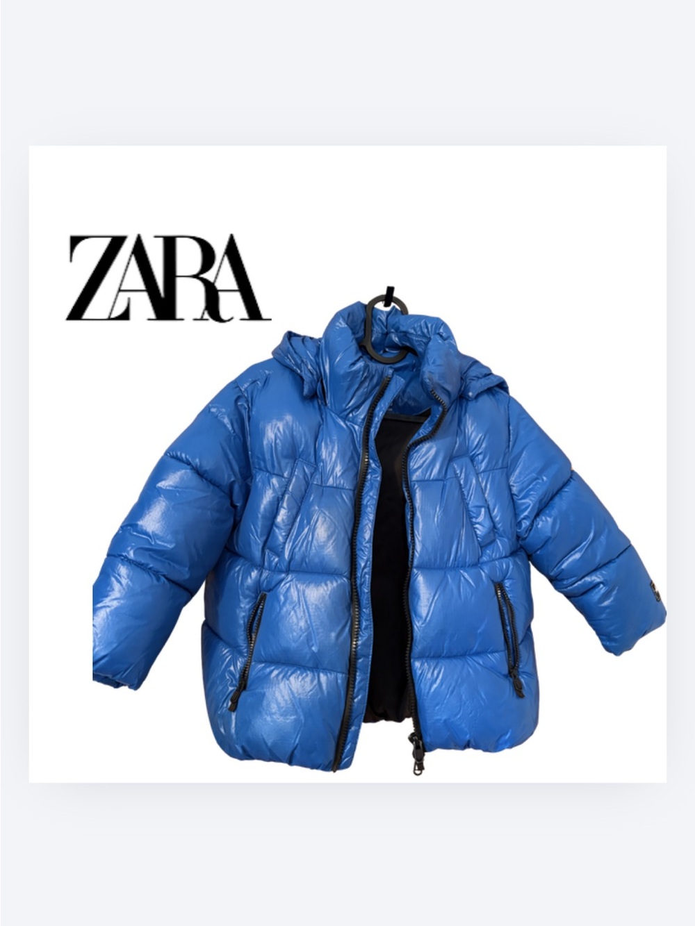 Zara Kids Shiny Royal Blue Puffer Jacket with Hood